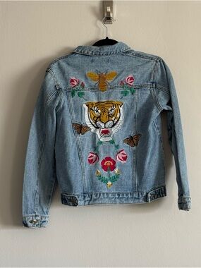 Light Wash Denim Jacket with Rose and Tiger Embroidery